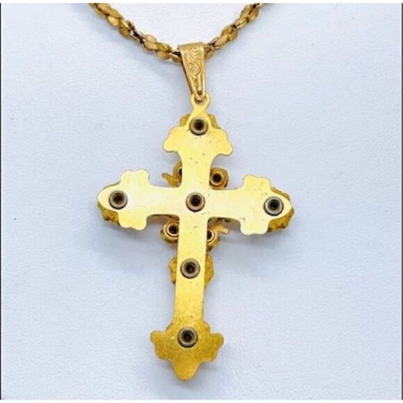 Miriam Haskell Vintage Jeweled Cross Pendant & Necklace - Picture 6 of 7